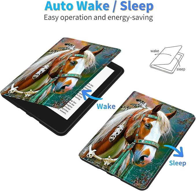for All-New 6" Kindle 11th Generation 2024/2022 Release E-Reader Case, Slim Kickstand Stand Leather Smart Cover with Auto Wake/Sleep, Feathered Horse