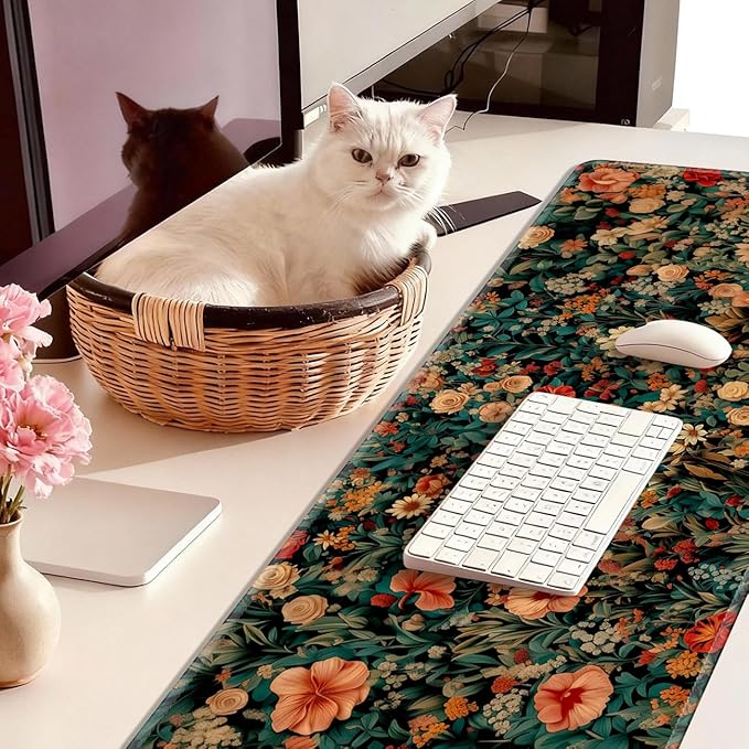 Retro Floral Gaming Mouse Pad Large Desk Mat Extended Keyboard Mouse Pad Anime Mousepad with Non-Slip Base and Stitched Edge Mouse Mat Desk Pad 31.5 x 11.8 Mouse Pads for Desk Home Office Gaming