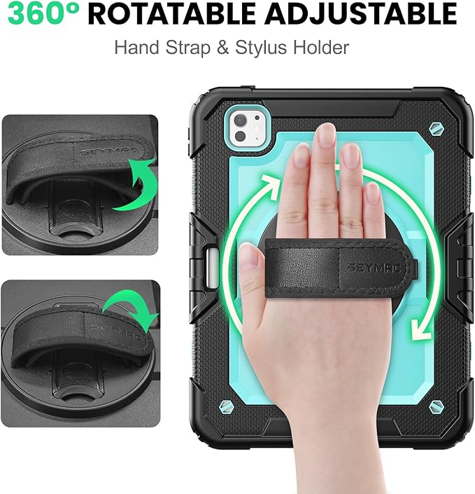 SEYMAC for iPad Pro 11 Inch Case M5 2025 / M4 2024, Heavy Duty Shockproof Protective Case with Screen Protector, 360° Rotating Stand, Hand/Shoulder Strap and Pen Holder, Light Blue