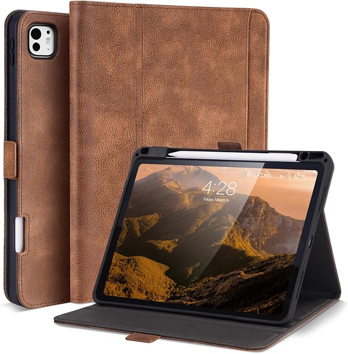 Handmade Case for iPad Pro 11 Inch (M5/M4) 2025/2024 with Pencil Holder Pocket,Magnetic Closure,Auto Sleep/Wake,Vegan Leather Folio Protective Cover,Multi Angles Stand,Dark Brown