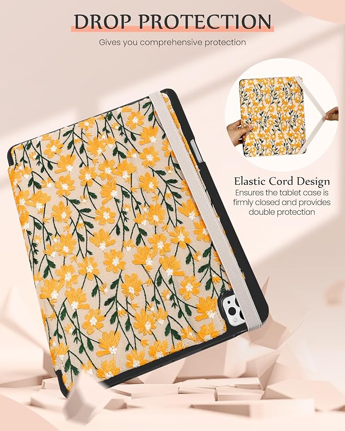 Uppuppy for iPad Air 13 Inch Case M3 2025/M2 2024, for iPad Pro 12.9 Case 6th/5th/4th/3rd Gen - Women Girls Cute Embroidered Folio Stand Cover with Pencil Holder & Card Slot Design Girly Yellow Daisy