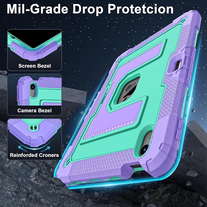 Kids Friendly Case for iPad Air 11 Inch M4 M3 M2 2026/2025/2024 Case with Pencil Holder & Shoulder Strap, Military Grade Shockproof Kickstand Hard Shell Protective Cover,Purple+Mint