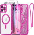 Meifigno Case Designed for iPhone 16 Pro, [Compatible with MagSafe] [1X HD+1X Privacy Screen Protectors] [Glitter Card&Wrist Strap] Surround Lens Protection Designed for iPhone 16 Pro Case, Hot Pink