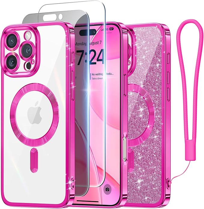 Meifigno Case Designed for iPhone 16 Pro, [Compatible with MagSafe] [1X HD+1X Privacy Screen Protectors] [Glitter Card&Wrist Strap] Surround Lens Protection Designed for iPhone 16 Pro Case, Hot Pink