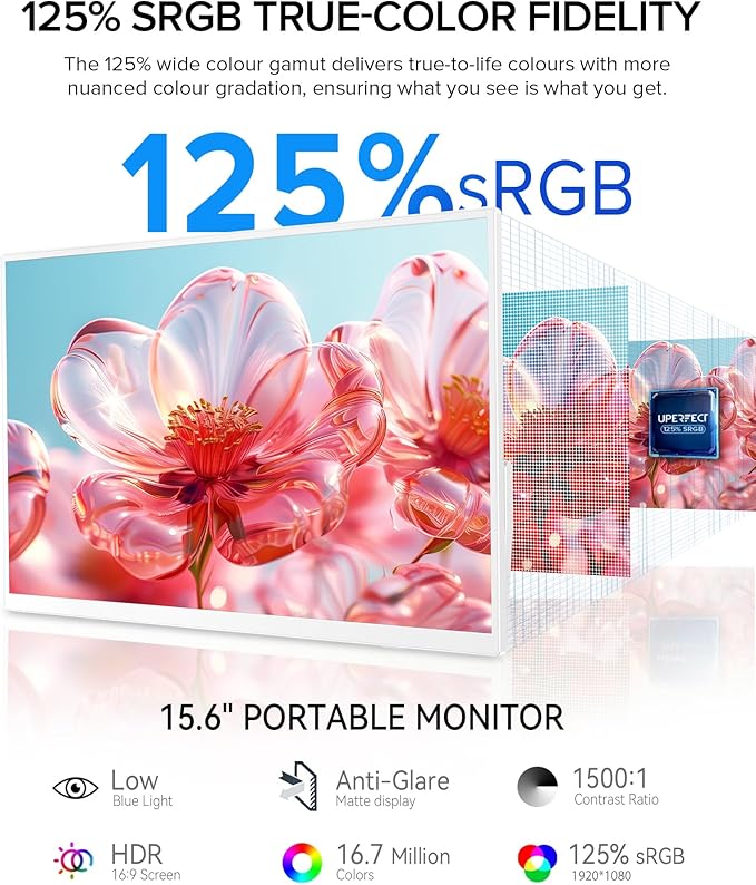 UPERFECT Portable Monitor 15.6", 125% sRGB 1080P Laptop Monitor, Ultra-Slim White Display, USB-C & MINI HDMI, 350 Nits, VESA & Case, Travel Small Second Screen for Computer, Mini PC, Game Consoles