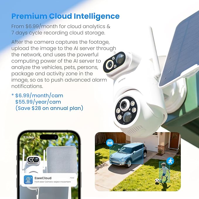 Eseecloud Si-Home Dual Lens Solar Security Camera Wireless Outdoor System,5GHz Wi-Fi, Battery Power, Color Night Vision, Two Way Audio, Easy to Setup,AI Motion Tracking,500GB, 180 Days Exchange Policy