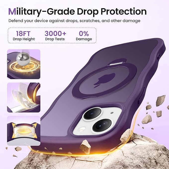 CAPRARO for iPhone 13 Case & iPhone 14 Case with 360° Spin Magnetic Stand for Women, [Compatible with MagSafe] [Camera Protection] Cute Wave Translucent Matte Case for iPhone 13/14, Deep Purple