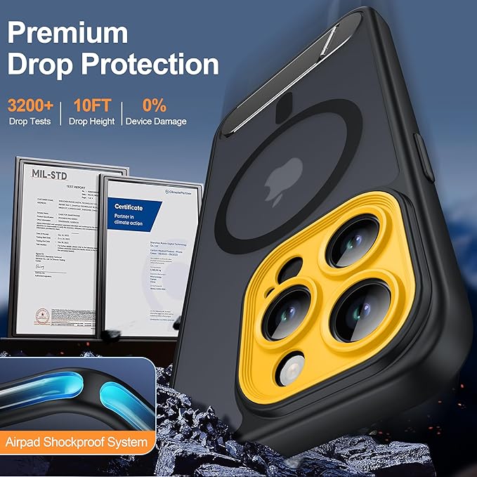 Magnetic Compatible with iPhone 15 Pro Case, [Built-in Kickstand][Full Camera Protection][Compatible with MagSafe][Anti-Fingerprint] Shockproof Phone Case for iPhone 15 Pro 6.1",Black & Yellow