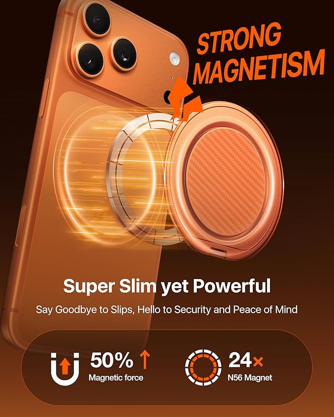 andobil [2026 Ultra-Thin] Magnetic Phone Grip for MagSafe [360° Rotate] Magnetic Cell Phone Ring Holder & Kickstand for MagSafe Accessories & iPhone 17 Air 16 Pro Max Plus 15 14 13 12, Orange