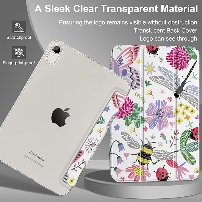 DONGKE for iPad mini 7 (A17 Pro) 2024 & iPad mini 6 2021 8.3 Inch, Slim Foldable Stand Hard PC Translucent Back Shell Smart Cover for iPad mini 7th/6th Generation [Auto Wake/Sleep] - Dragonfly