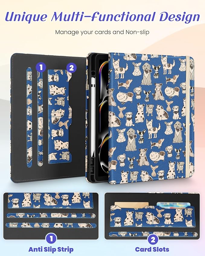 Kidcube for iPad Pro 13 Inch Case M4 2024 - Women Girls Kids Cute Rotating Stand Folio Cover with Pencil Holder & Card Slot Kawaii Cool Dogs Design for iPad Pro 13 Inch Case 2024 (A2925 A2926 A3007)