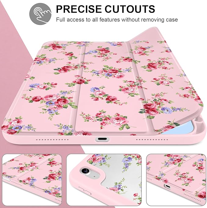 Case for iPad Air 13 inch 2026 M4 2025 M3 2024 M2 Release Slim Lightweight Shockproof Cute Light Pink Cover with Clear Back TPU Edge Pencil Holder Trifold Stand Auto Wake Sleep, Elegant Rose