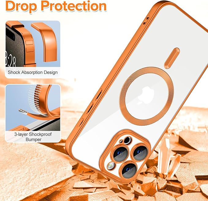 Hython Magnetic Clear for iPhone 15 Pro Max Case with Camera Lens Protector [Compatible with MagSafe] Plating Edge Slim Soft TPU Cover Protective Phone Case for iPhone 15 Pro Max 6.7", Matte Orange