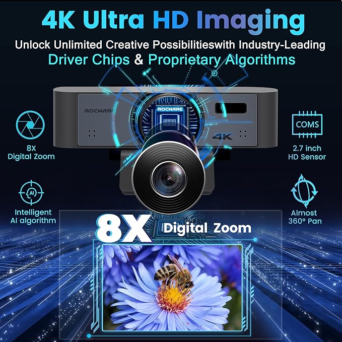 4K Webcam with Remote, RC16 Computer Camera with Microphone,1080p 60fps FHD,AI Tracking,Privacy Cover, WDR,110°FOV,8X Digital Zoom,Streaming Camera for PC/Meeting/Teaching/Zoom