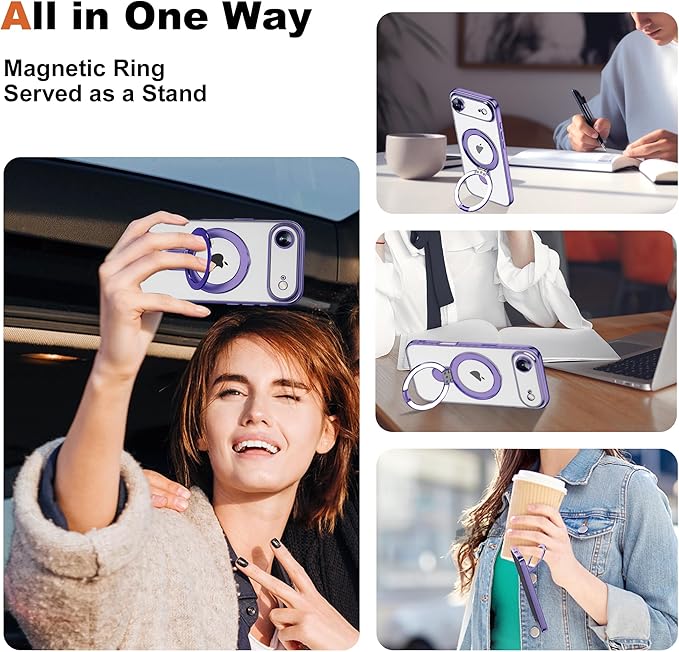 Compatible with iPhone 17 Air Case with Invisible Magnetic Ring Stand [Compatible with Mag-Safe] [Full Camera Lens Protector] Plating Clear Phone Case for iPhone 17 Air 6.5", Purple