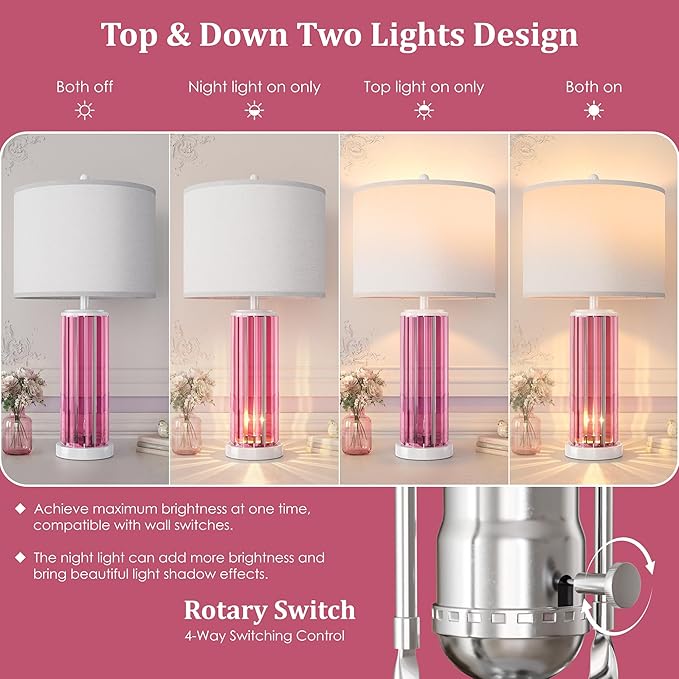 QiMH Table Lamps for Bedroom Set of 2 with Nightlight, Modern Bedside Lamp with USB A+C Charging Port, White Pink Nightstand Lamp for Living Room White Shade Home Decor, 2 Bulbs Included