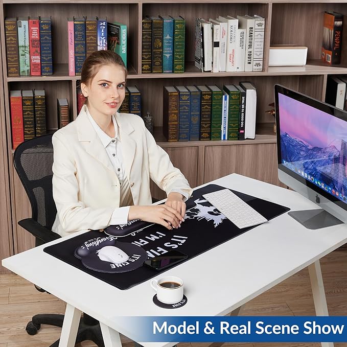 Desk Mat Set + Keyboard and Mouse Pad with Wrist Rest Support,4-in-1 Large Mousepad Computer Mats for Desktop Home & Office-It's fine I'm fine Everything is fine