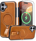 Butaiga for iPhone 17 Leather Case with Stand, Anti-Slip Grip Ring, Fits for MagSafe (Brown, iPhone 17)