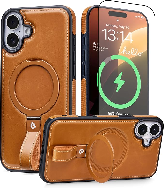 Butaiga for iPhone 17 Leather Case with Stand, Anti-Slip Grip Ring, Fits for MagSafe (Brown, iPhone 17)