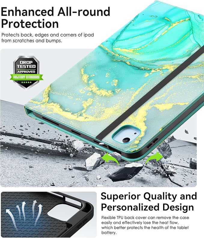 ZoneFoker Case for iPad Air 11-inch M3/ M2 (2025/2024), iPad Air 5th/ 4th Generation 10.9'' (2022/2020), iPad Pro 11 (4th/3rd/2nd/1st Gen), Multi-Angle Stand Cover with Pencil Holder, Marble Green