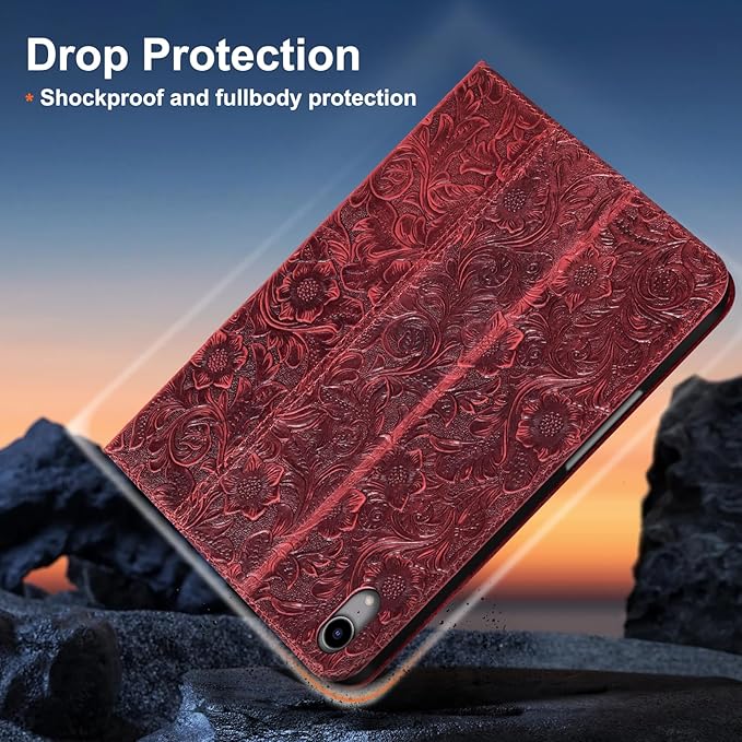 Gexmil Leather Case for iPad mini 7 (A17 Pro) 2024 / iPad mini 6 Generation 2021 8.3 Inch,Premium Cowhide Cover with Pencil Holder,Adjustable Stand, Auto Wake/Sleep,Floral Red