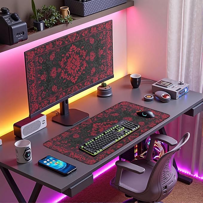 Victorian Gothic Floral Desk Mat Black Red Baroque Desk Pad Dark Academia XXL Large Mouse Pad Vintage Aesthetic Office Decor Mat for Desktop