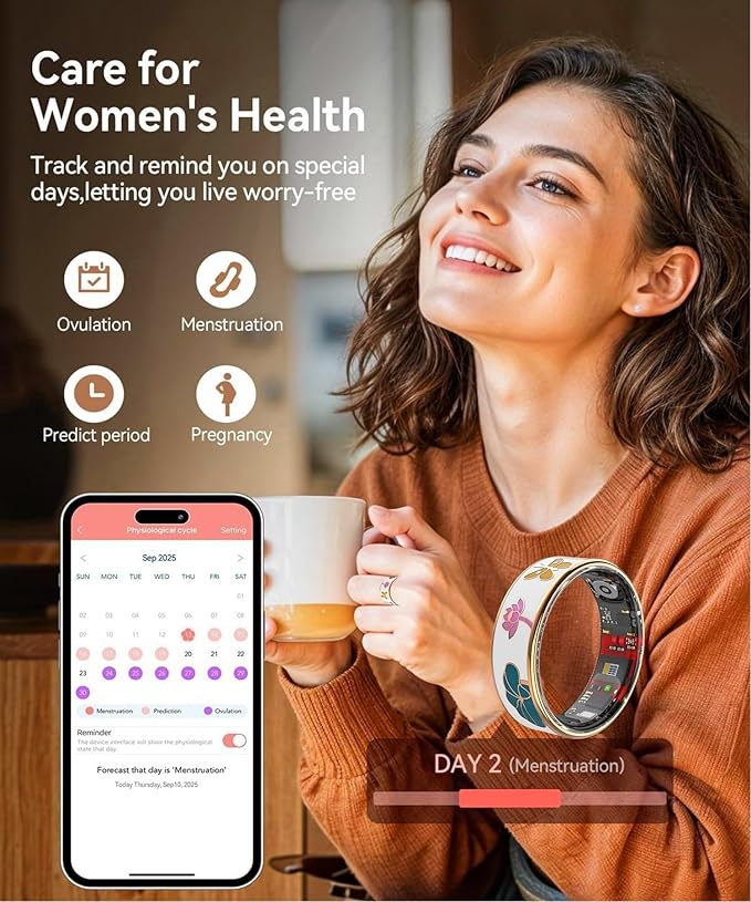 Smart Ring for Women,Fitness Tracker with Heart Rate,Blood Oxygen,Menstrual Cycle,Sleep Monitoring,Step Counting,IP68 Waterproof for iOS and Android,No Subscription Fee (7#)
