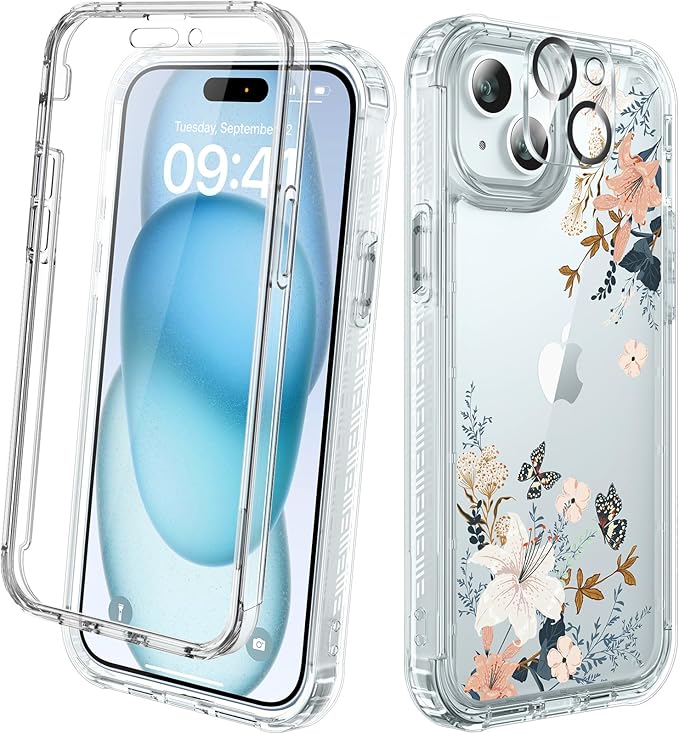 Diaclara Designed for iPhone 15 Plus Clear Flower Butterfly Phone Case 6.7’’, Full Body Rugged Cover w/Built-in Screen Protector+ GlassCamera Lens Protector(Butterfly)