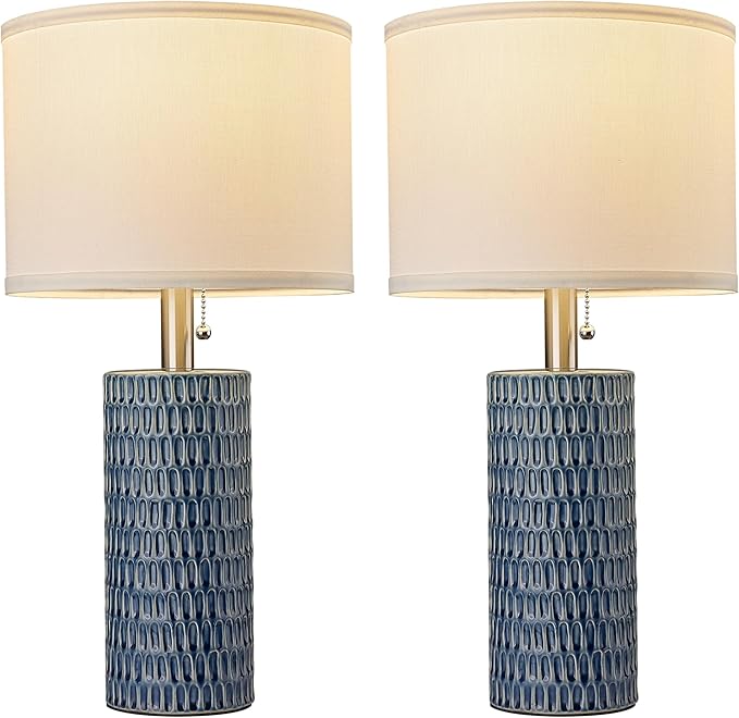 Reaketon Table Lamps for Living Room Set of 2, Ceramic Table Lamps for Bedroom, 20" Modern Lamps for Night Stands, Dark Blue