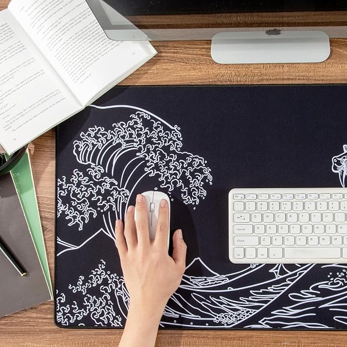Waterproof Mouse Pad, Japanese Sea Wave Large Keyboard Pad with Anti-Slip Base, Extended Kanagawa Mat Desk Pad, for Gamer, Office & Home, Off to College/Back to School, 35.43"x15.75"