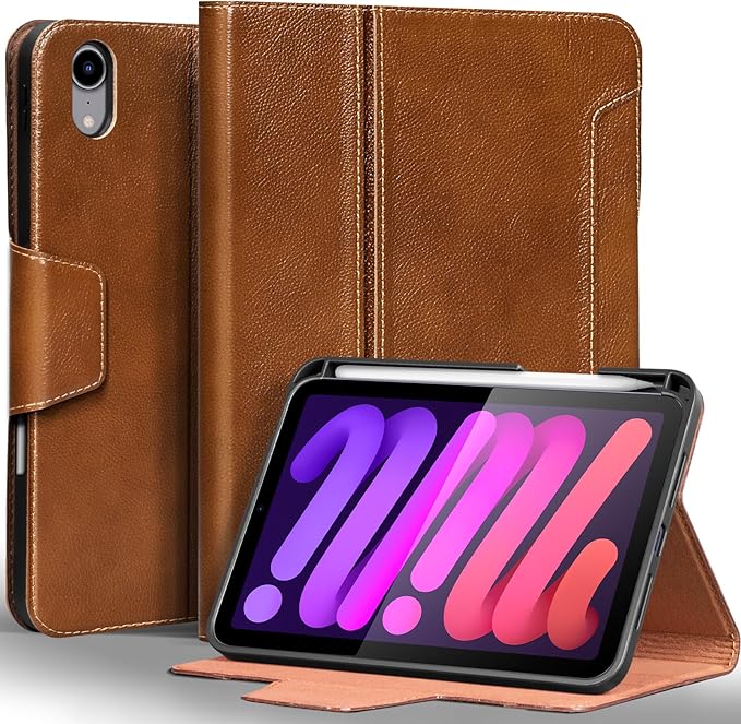 Gexmil Premium Leather Case for iPad mini 7 (A17 Pro) 2024 / iPad mini 6 Generation 2021 8.3 Inch,Pencil Holder, Magnetic Closure,Shockproof Cowhide Cover,Adjustable Stand,Yellow Brown