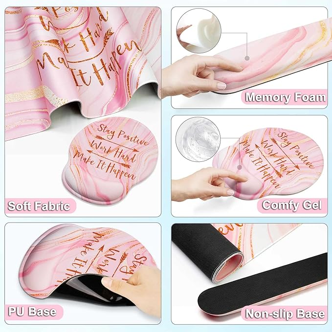 Large Mouse Pad and Keyboard Wrist Rest + Desk Mat Set,Full Long Mouse Pads for Desk Accessories with Memory Foam Gel Pink Mousepad for Women Computer Desktop Office Work-Rose Gold & Pink