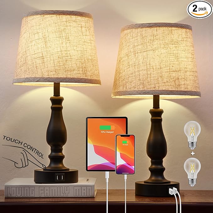 EJIAXIN Table Lamps Set of 2, Bedside Nightstand Lamps with USB Charging Ports,Dimmable Touch with Linen Fabric Lampshade, Modern Small Lamp for Bedrooms, Living Room (Bulbs Included)