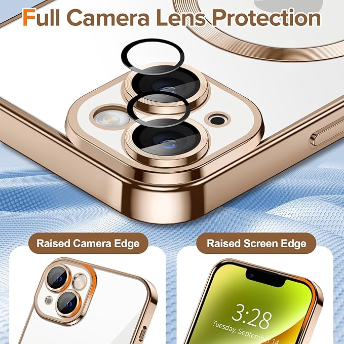 Hython Magnetic Clear for iPhone 14 Case with Camera Lens Protector [Compatible with MagSafe] Luxury Plating Edge Slim Soft TPU Cover Protective Phone Case for iPhone 14 6.1", Desert Brown