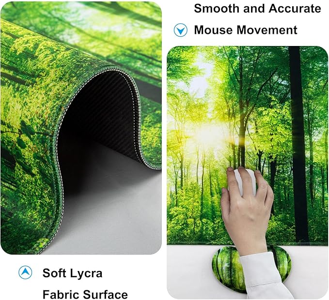 Keyboard Wrist Rest + Mouse Pad with Wrist Support + Desk Mat + Coaster 4 in 1 Set, XXL Large Gaming Mousepad Cute Ergonomic Mouse Pads for Desk Computer Laptop Office Decor-Sunlight Forest