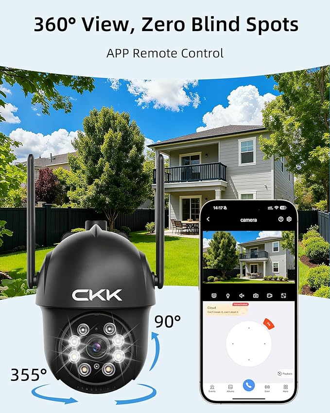CKK 2K Security Camera Outdoor Corded Power, 2 Pcs 3MP PTZ WiFi Home Security Camera - 2.4G/5G Dual-Band, 360° Pan-Tilt, Color Night Vision, Motion Alerts, 2-Way Audio, 24/7 Recording, Waterproof