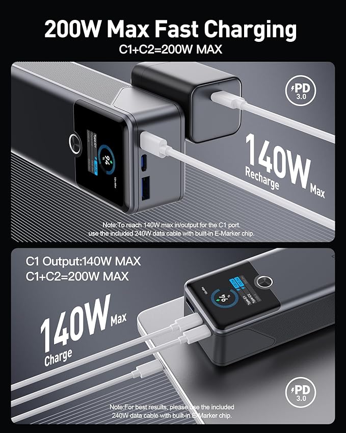 SIXTHGU Laptop Power Bank, 3-Port 20,000mAh Portable Charger with 200W Max Output, PD 3.1 Fast Charging, Flight-Approved for Travel, PowerTower, for MacBook, iPhone 17/16 Series, and More (Blue)