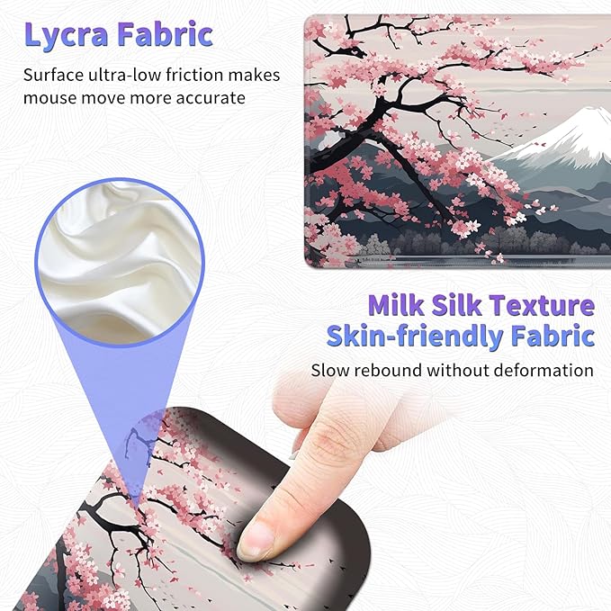 Large Mouse Pad Set, Desk Mat + Elbow Rest Pad + Coaster, Easy Typing Pain Relief, Ergonomic Arm Rest Pad with Memory Foam, Extended Desk Pad Anti-Slip Rubber Base for Home, Cherry Blossom Mount Fuji