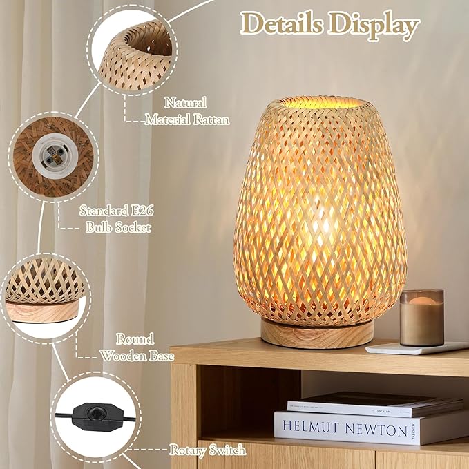 Rattan Table Lamp, Stepless Dimmable Small Beside Lamp, Vintage Wicker Wooden Nightstand Boho Bamboo Woven End Table Lamps for Bedroom Living Room Desk Kids Room, 2700K T45 LED Bulb Included