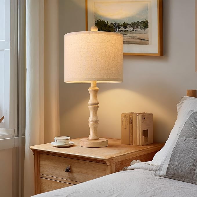 BOBOMOMO 20.5" Farmhouse Table Lamps Set of 2, Rustic Nightstand Lamps with Wood Grain Resin Base & Linen Shade, Small Bedside Lamps for Bedroom, Living Room, Apartment Side Table & Small Spaces