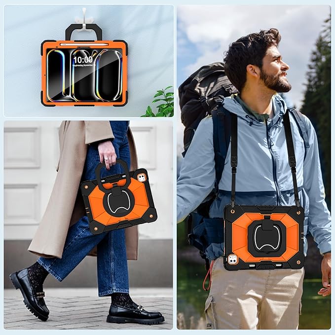 WESOROL for iPad Pro 13 Inch Case M5 2025/M4 2024 (7th Gen) with Screen Protector/Rotating Stand/Pencil Holder/Shoulder Strap,Military Grade Shockproof iPad Cases 13 Inch iPad Pro M5/M4,Black Orange