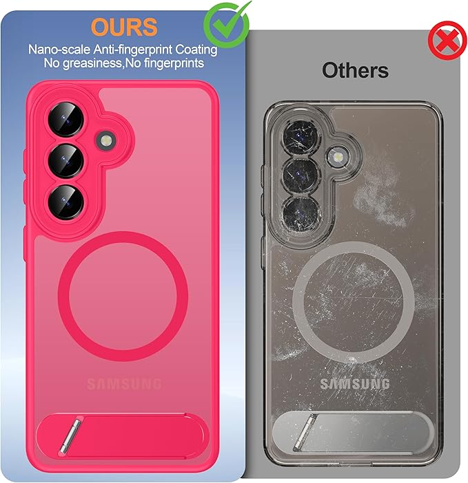 Magnetic for Samsung Galaxy S26 Case, [Compatible with MagSafe][Full Camera Protection][Built-in Invisible Kickstand] Translucent Matte Phone Case for S26 6.3" - Hot Pink