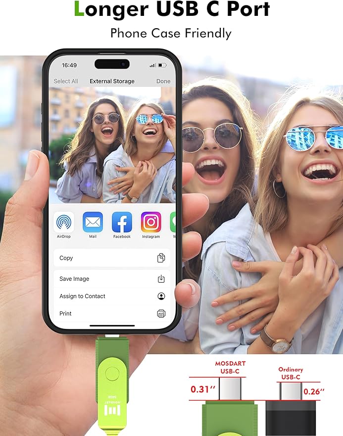 MOSDART 64GB USB C 3.2 Fast Speed C and A Dual Flash Drive, exFAT Memory Stick with Keychain and LED Indicator, for iPhone 15,16,17, Android Phone, iPad, MacBook, and Other Laptops, Green