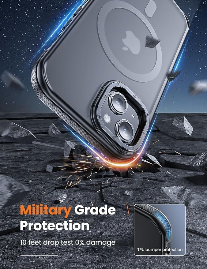 Tigowos for iPhone 15 Plus&iPhone 14 Plus Phone Case Fits MagSafe 10FT Drop Resistant Matte Skin Feeling Back Cover for iPhone 15 Plus&iPhone 14 Plus Case，Bumper Black
