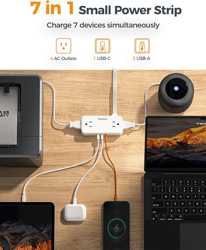 TESSAN Flat Plug Extension Cord 5 FT, Surge Protector Power Strip with 4 AC Outlets 1 USB C and 2 USB A Ports, 900 Joules Protection, Multiple Wall Outlet Extender Suitable for Office Dorm, White