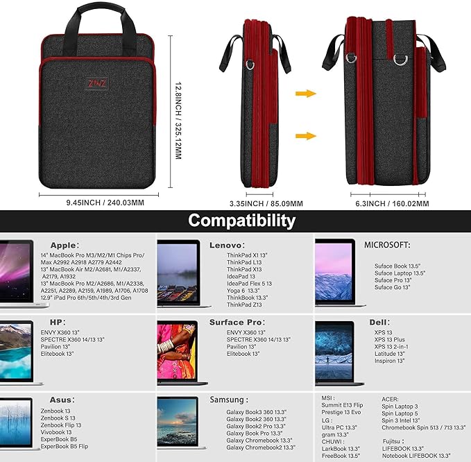 ZINZ Laptop Shoulder Bag 12.3-13 inch Case Sleeve, Expandable Handbag with Valuables Compartment Compatible with MacBook Air/Pro/Neo 13", iPad 12.9"/13"/11", Shockproof,Black-Wine edge