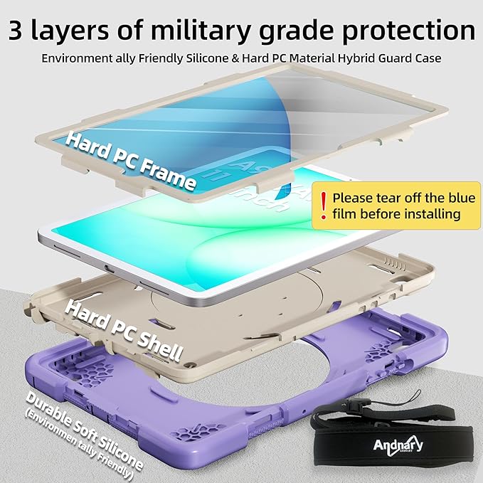 Andnary Case for Samsung Galaxy Tab A11+ Plus/A9+ 11 Inch 2025/2023, Tablet Case for Samsung Galaxy A9 Plus/A11+ with Screen Protector/360° Rotating Stand/Pen Holder/Shoulder Strap (Purple)