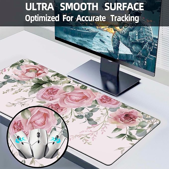 XXL Mouse Pad, Pink Peony Flowers Eucalyptus Green Leaves Large Desk Mat for Desktop, Extended Large Gaming Mouse Pad Mouse Mat with Non-Slip Rubber Base Stitched Edges for Home Office 35.4"X15.7"