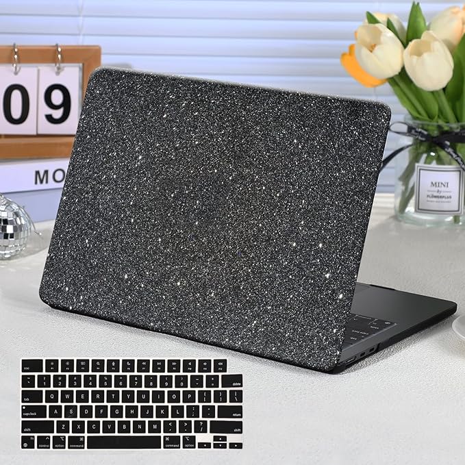 Funut for MacBook Pro 13 inch Case 2025 2024 2023-2016 A2338 M2 M1 A2251 A2289 A2159 A1989 A1708 A1706, Glitter Leather Hard Shell Cover with Keyboard Cover for MacBook Pro 13 Touch Bar, Shiny Gray