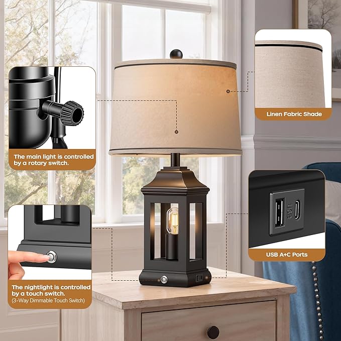 24" Rustic Farmhouse Table Lamps for Living Room, Single Pack Touch Dimmable Nightlight Vintage Bedside Lamps with USB A+C Ports & Dual Light Sources for Bedroom Nightstand End Table, Matte Black